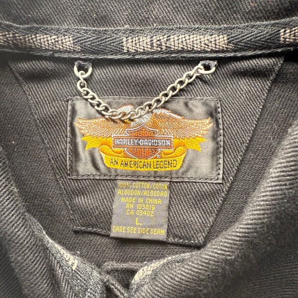 Vintage Harley Davidson Jean Jacket Black Denim Moto Embroidered Flames Size L - Picture 10 of 10